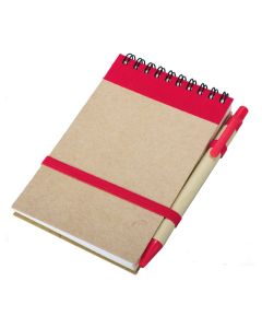 Notes Kraft 90x140/70k gładki z długopisem, czerwony/beżowy